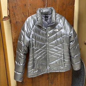North face silver puffer coat